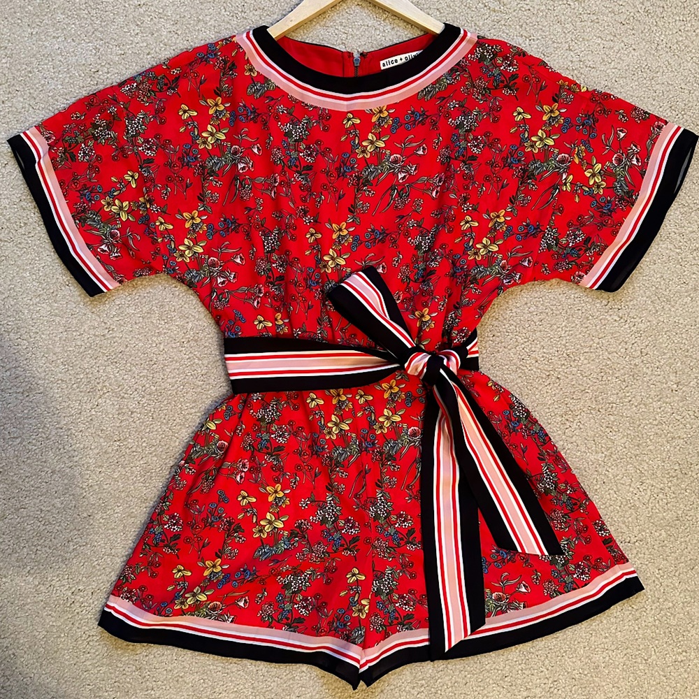 Alice + Olivia floral and stripe printed t romper